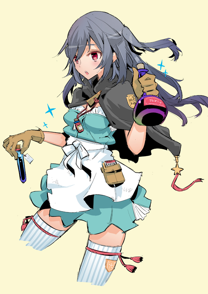1girl, blush, breasts, brown_gloves, capelet, dress, flask, gloves
