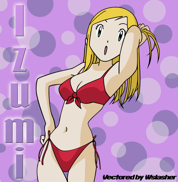 1girl, :o, bikini, blonde_hair, cute, digimon, digimon_frontier, green_eyes