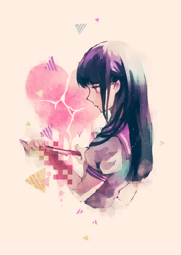 1girl, black_hair, blood, clenched_hand, error501, heart, knife, long_hair