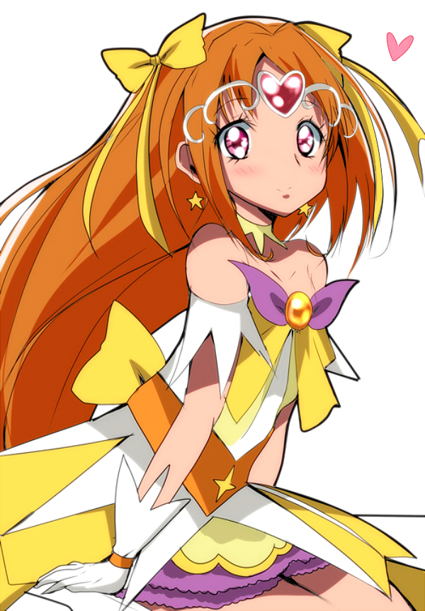1girl, bare_shoulders, blush, choker, cosplay, cure_muse_(yellow), cure_twinkle, cure_twinkle_(cosplay), earrings, gloves, go!_princess_precure, hair_ribbon, haru_(nature_life), heart, jewelry, long_hair, looking_at_viewer, magical_girl, orange_hair, pink_eyes, precure, ribbon, shirabe_ako, sitting, star, star_earrings, suite_precure, white_gloves