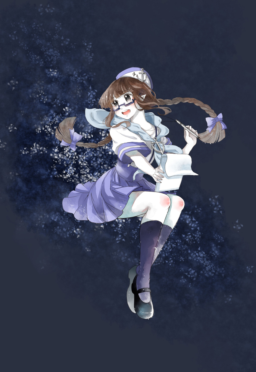 1girl, absurdres, anchor, blue-framed_glasses, blue_background, blue_legwear, blush, braid