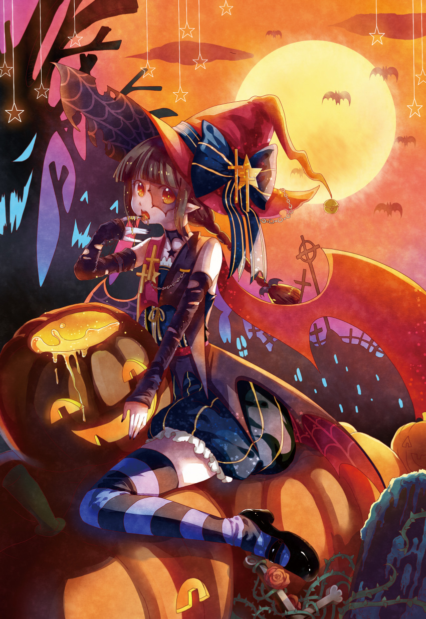 1girl, \||/, ^_^, absurdres, bare_shoulders, bat, bell, black_fingernails