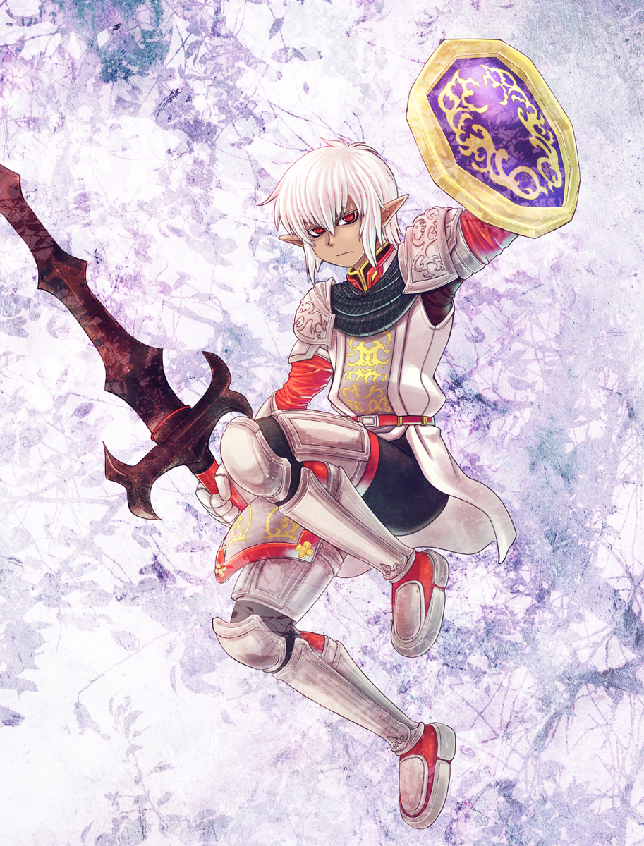 buront, elf, elvaan, final_fantasy, final_fantasy_xi, gem_(pixiv), highres, pointy_ears, red_eyes, shield, short_hair, silver_hair, solo, sword, weapon