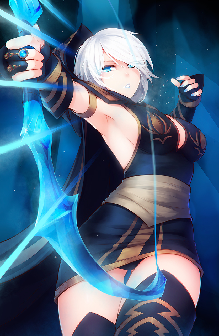 1girl, armpits, ashe_(league_of_legends), blue_eyes, blue_lipstick, blue_nails, bow_(weapon), breasts