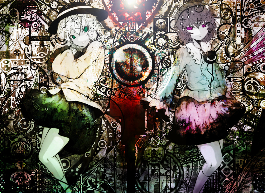 2girls, abstract, background, bad_id, eyes, green_eyes, hat, highres