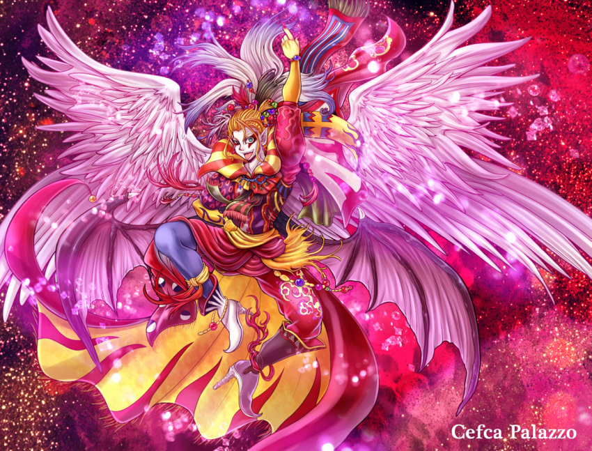 aqua_eyes, bad_id, blonde_hair, cefca_palazzo, character_name, clown, dissidia_final_fantasy, final_fantasy, final_fantasy_vi, gem_(pixiv), kefka_palazzo, male, solo, wings