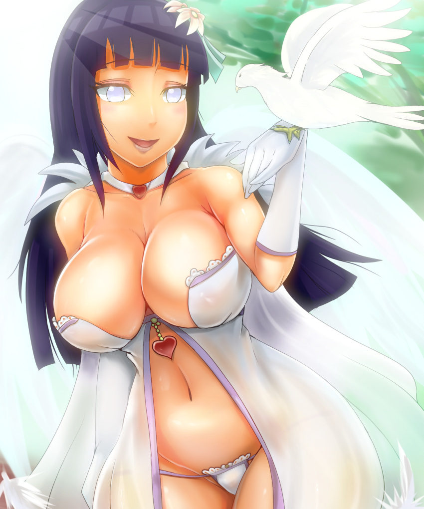 1girl, bare_shoulders, bird, black_hair, breasts, cleavage, curvy, dove
