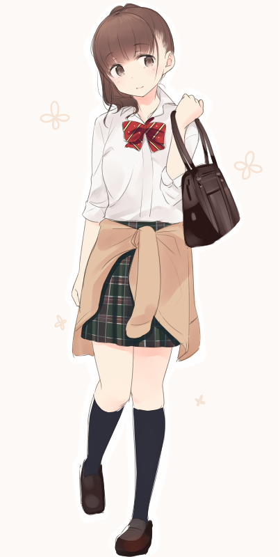 1girl, bag, blush, bow, brown_eyes, brown_hair, looking_at_viewer, nekoume