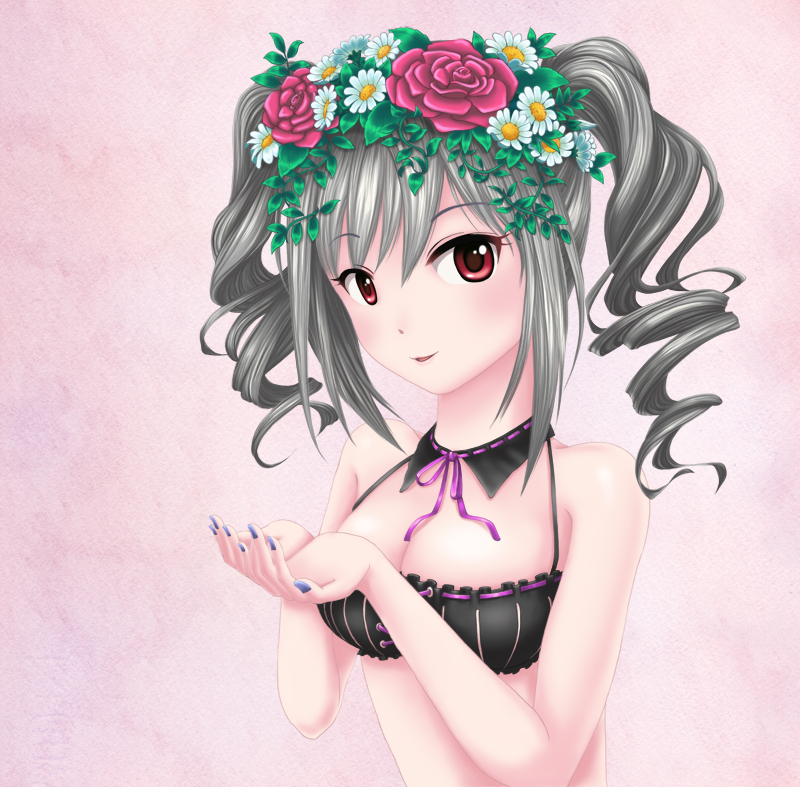 1girl, bikini_top, breasts, drill_hair, flower, gadowiiru, hair_flower, hair_ornament