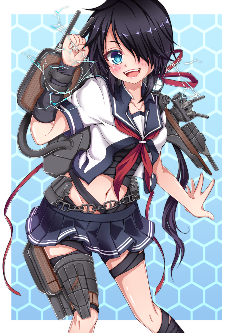 1girl, :d, bandages, black_hair, black_skirt, blue_background, blue_eyes, cowboy_shot