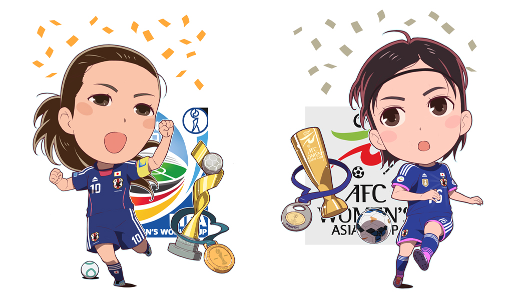 2011_fifa_women's_world_cup, 2014_afc_women's_asian_cup, 2girls, armband, ball, hanakone, japan, long_hair, medal, multiple_girls, naomoto_hikaru, sawa_homare, short_hair, soccer, soccer_ball, soccer_uniform, sportswear, trophy, world_cup