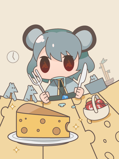 animal_ears, bamboo, basket, cheese, clock, domaso, fork, grey_hair, jewelry, knife, mouse, mouse_ears, nazrin, necklace, red_eyes, saliva, symbol-shaped_pupils, touhou