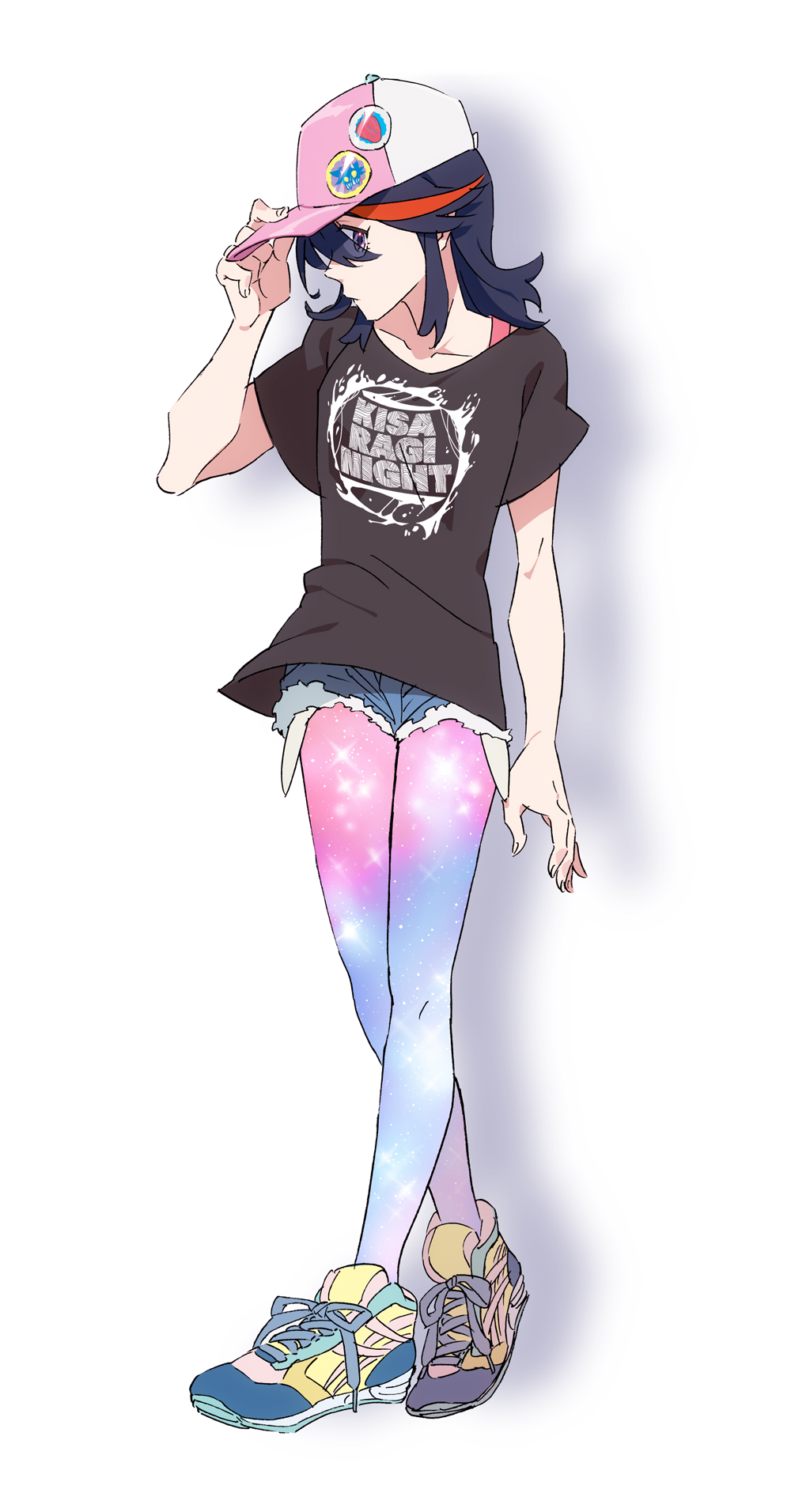 1girl, hat, highres, ichiko_(kimini), kill_la_kill, matoi_ryuuko, multicolored_hair, shoes, short_hair, short_shorts, shorts, sneakers, solo, t-shirt, two-tone_hair