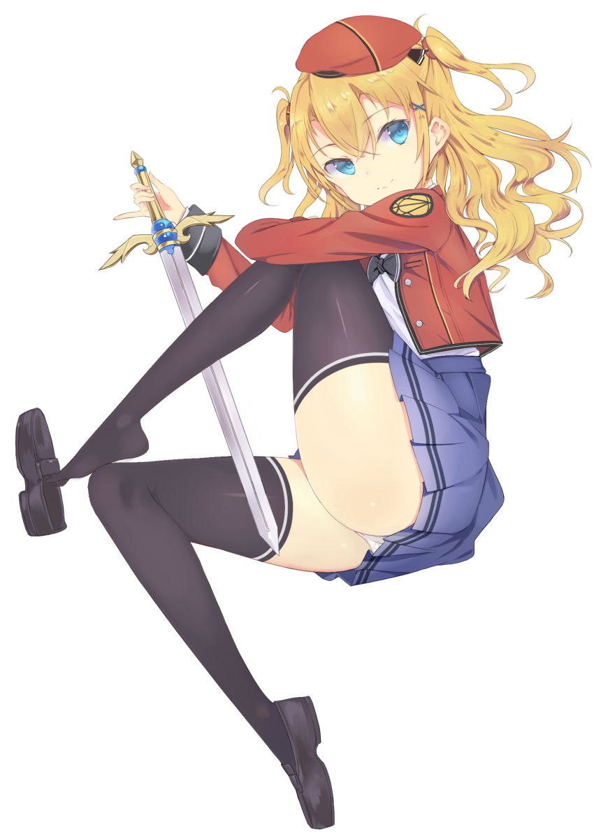 1girl, beret, black_legwear, blonde_hair, blue_eyes, fenrirr, hat, highres