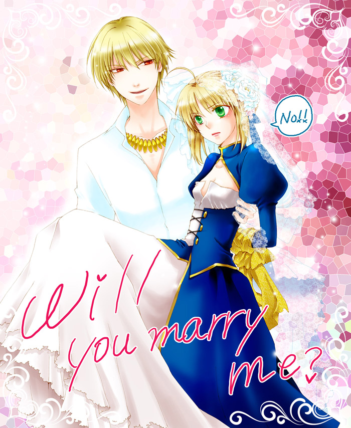 1boy, 1girl, ahoge, blonde_hair, blush, bound_wrists, carrying, dress, english, fate/zero, fate_(series), gilgamesh, green_eyes, jewelry, long_dress, necklace, no, open_mouth, red_eyes, saber, smile, you84