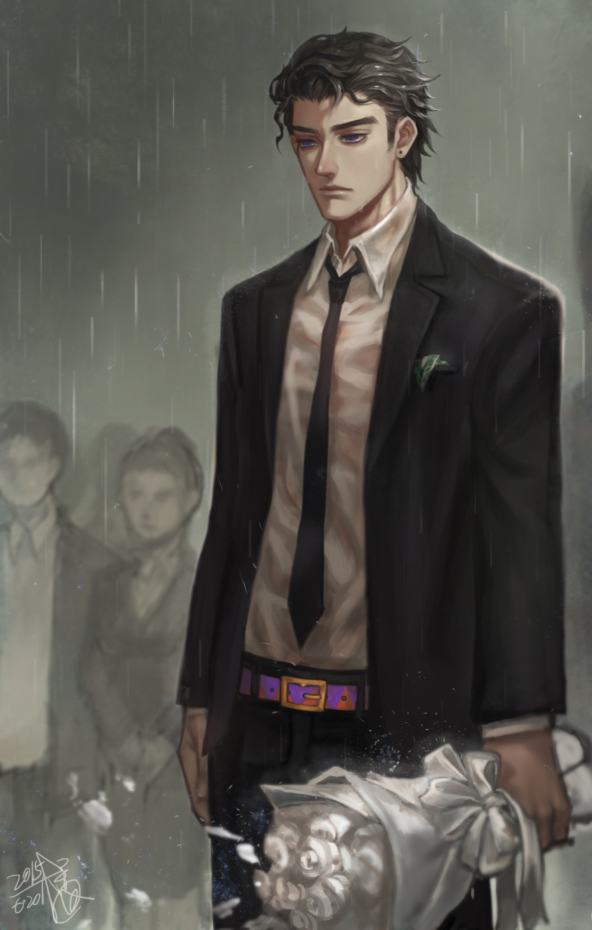 black_hair, bouquet, dated, earrings, fan_ju, flower, formal, highres, jewelry, jojo_no_kimyou_na_bouken, kuujou_joutarou, necktie, no_hat, rain, signature, suit, violet_eyes, white_flower