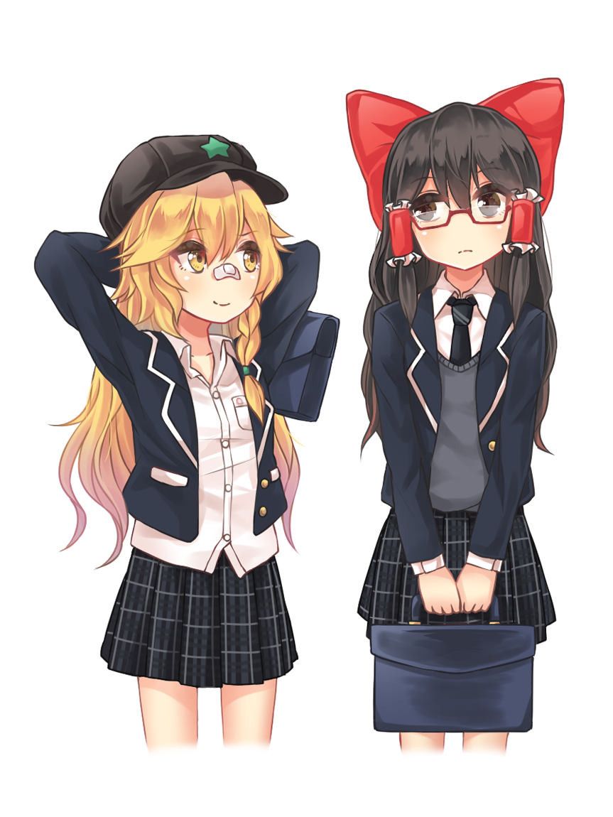 2girls, alternate_costume, bandaid, bandaid_on_nose, bespectacled, blonde_hair, blush, bow
