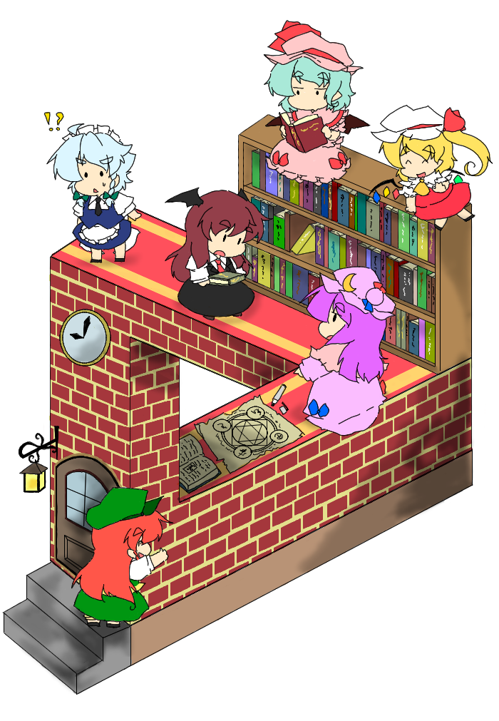!?, ._., 6+girls, :<, :d, :o, ^_^, apron, ascot, bat_wings, blonde_hair, blue_dress, blue_hair, book, bookshelf, bow, brick_wall, capelet, chibi, china_dress, chinese_clothes, clock, closed_eyes, collared_shirt, commentary_request, crescent, door, dress, eyebrows, flandre_scarlet, floating, green_dress, hat, hat_bow, hat_ribbon, head_wings, hexagram, holding, holding_book, hong_meiling, izayoi_sakuya, kemomimisaikou, koakuma, lantern, long_hair, looking_down, m_c_escher, magic_circle, maid, maid_headdress, mob_cap, multiple_girls, necktie, open_book, open_mouth, patchouli_knowledge, penrose's_triangle, pointing, purple_dress, purple_hair, reading, redhead, remilia_scarlet, ribbon, shirt, short_hair, short_sleeves, side_ponytail, silver_hair, simple_background, sitting, skirt, skirt_set, smile, stairs, standing, the_embodiment_of_scarlet_devil, thumbs_up, touhou, triangle_mouth, waist_apron, waving, white_background, white_shirt, wings, |_|