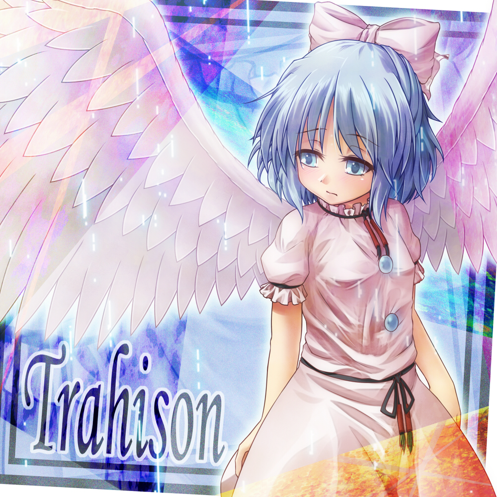 1girl, angel_wings, blue_eyes, blue_hair, bow, hair_bow, mai_(touhou), short_hair