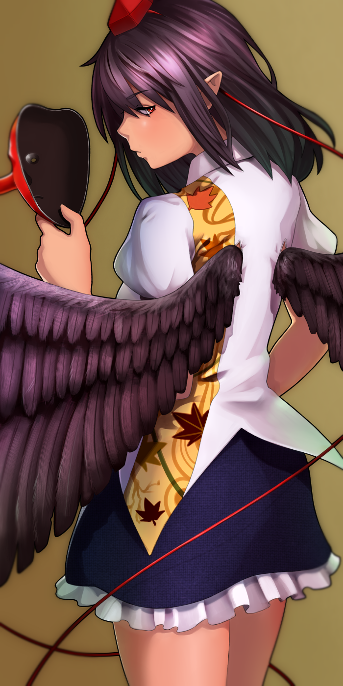 1girl, bird_wings, black_hair, blouse, brown_background, dominico, expressionless, frilled_skirt