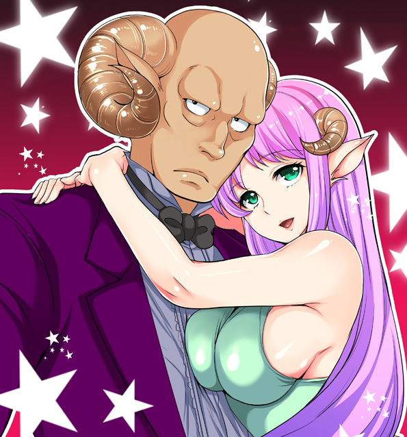 1boy, 1girl, animal_ears, bald, black_eyes, bowtie, breast_press, breasts, green_eyes, horns, hug, kemonomimi_mode, kido_saori, large_breasts, long_hair, miryuku, purple_hair, saint_seiya, sheep_ears, sheep_horns, star, tokumaru_tatsumi