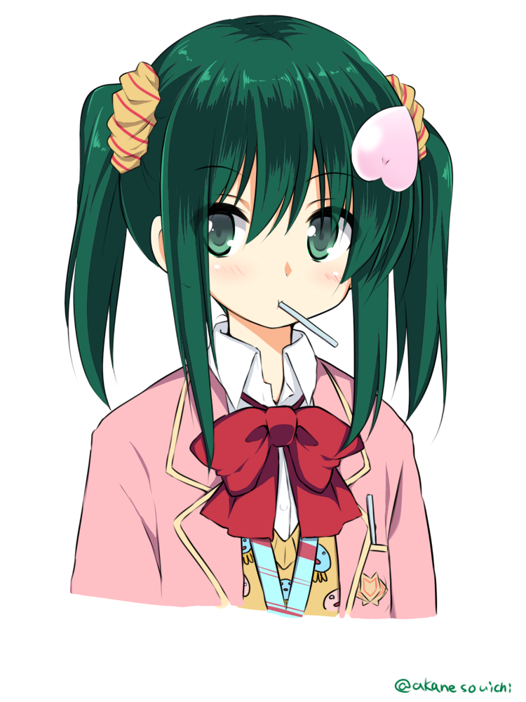 1girl, akane_souichi, alternate_hairstyle, blush, green_eyes, green_hair, serizawa_momoka, simple_background