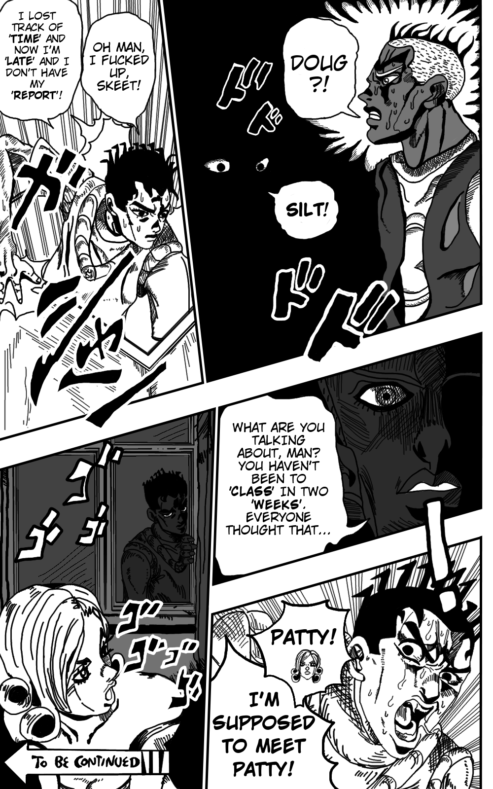 1girl, 2boys, araki_hirohiko_(style), comic, curly_hair, derivative_work, doug, doug_funnie