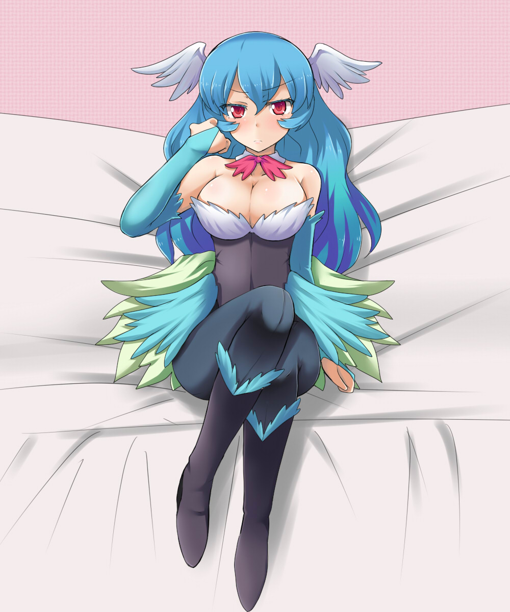 1girl, blue_hair, breasts, bridal_gauntlets, cleavage, etotama, feathers, head_wings