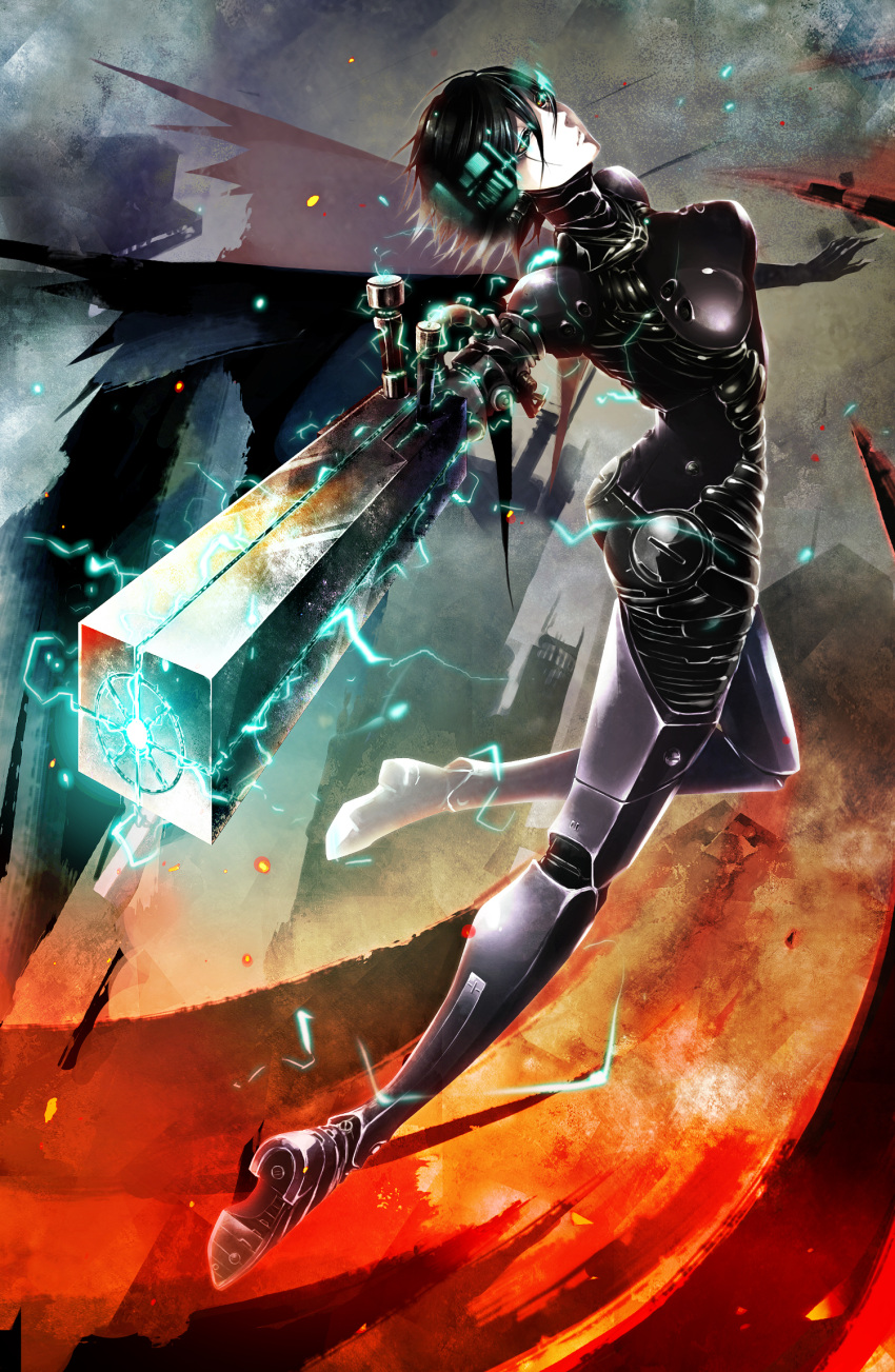 1girl, abstract_background, arched_back, arm_cannon, ass, black_hair, blame!, bodysuit