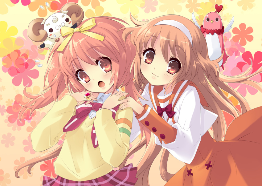:3, :o, akihime_sumomo, alice_(miori), alice_parade, antennae, bird, blush_stickers, bow, bowtie, brown_hair, crossover, emudori, flat_chest, flower, flying, glasses, hair_bow, hairband, hands_on_shoulders, heart, horns, itou_noiji, jewelry, lamb, leaning_forward, long_hair, looking_down, miori_(alice_parade), multiple_girls, nanatsuiro_drops, o_o, object_on_head, official_art, open_mouth, pince-nez, pink_eyes, pink_hair, plaid, plaid_skirt, ring, school_uniform, serafuku, skirt, smile, striped, surprised, sweatdrop, sweater, twintails, very_long_hair, yuki-chan