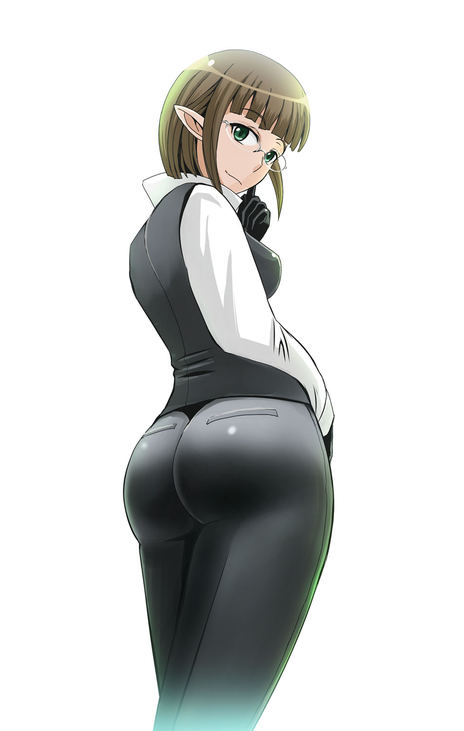 1girl, ass, breasts, brown_hair, dungeon_ni_deai_wo_motomeru_no_wa_machigatteiru_darou_ka, eina_tulle, formal, glasses