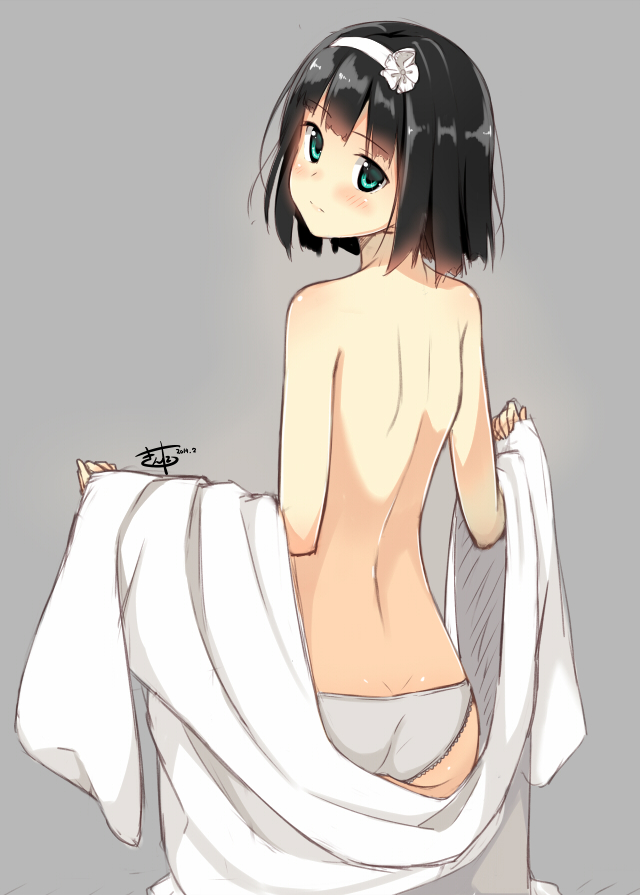 1girl, aqua_eyes, bare_shoulders, black_hair, blush, dated, endless_dungeon, from_behind