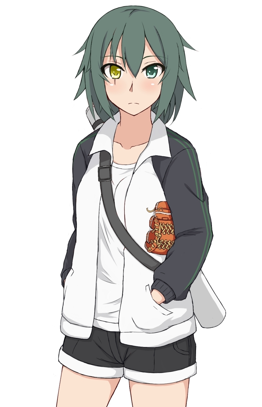 1girl, alternate_costume, baseball_mitt, green_hair, hands_in_pockets, heterochromia, highres, jacket