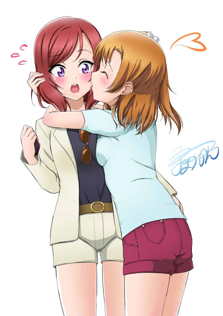 2girls, blush, breast_press, casual, closed_eyes, hug, incipient_kiss, kousaka_honoka