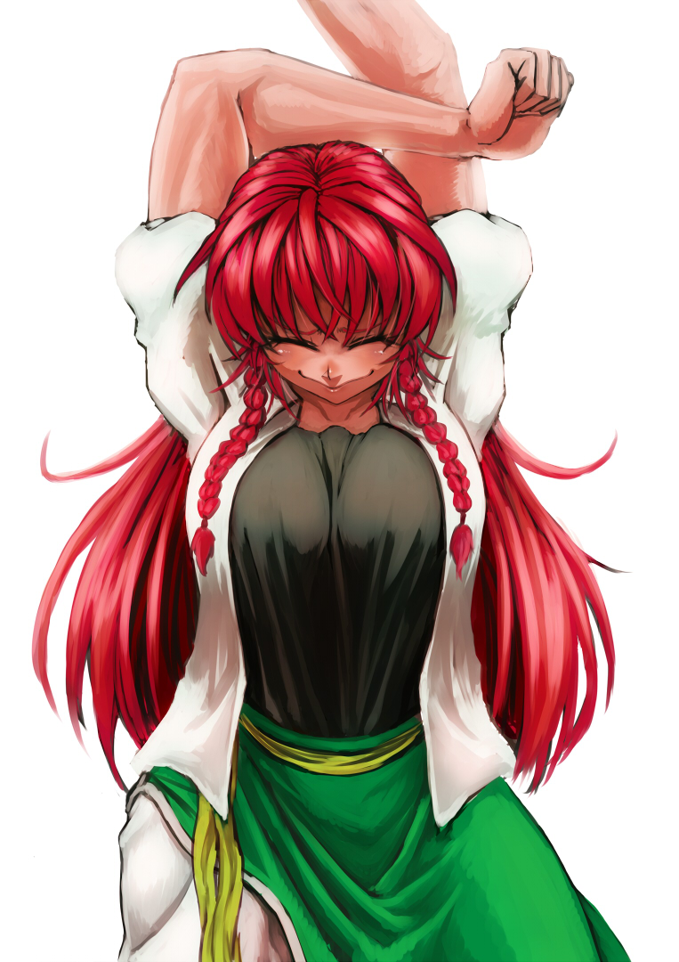 1girl, alternate_costume, arm_up, black_shirt, blouse, braid, closed_eyes, closed_mouth