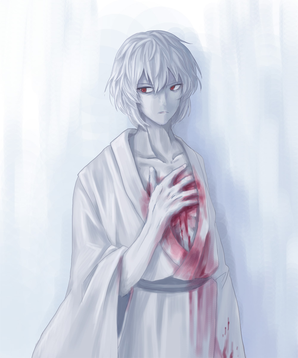 1boy, blood, bloody_clothes, fangs, hand_on_own_chest, highres, japanese_clothes, nana73, open_clothes, open_mouth, red_eyes, short_hair, solo, toono_shiki_(2), tsukihime, white_hair