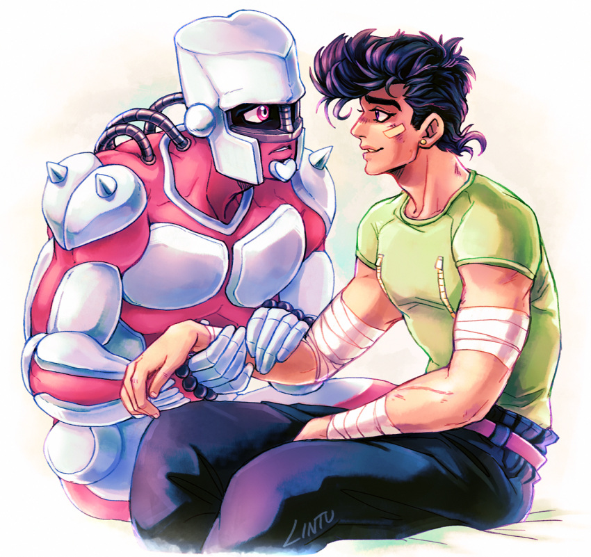 arm_holding, artist_name, bandages, bruise, crazy_diamond, earrings, higashikata_jousuke, injury