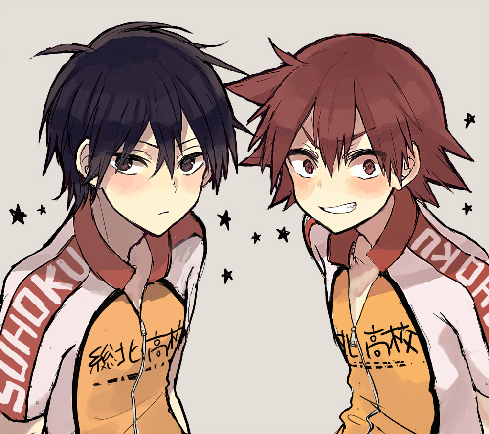 2boys, aizawa_mota, grin, imaizumi_shunsuke, male_focus, multiple_boys, naruko_shoukichi, short_hair, simple_background, smile, star, upper_body, yowamushi_pedal