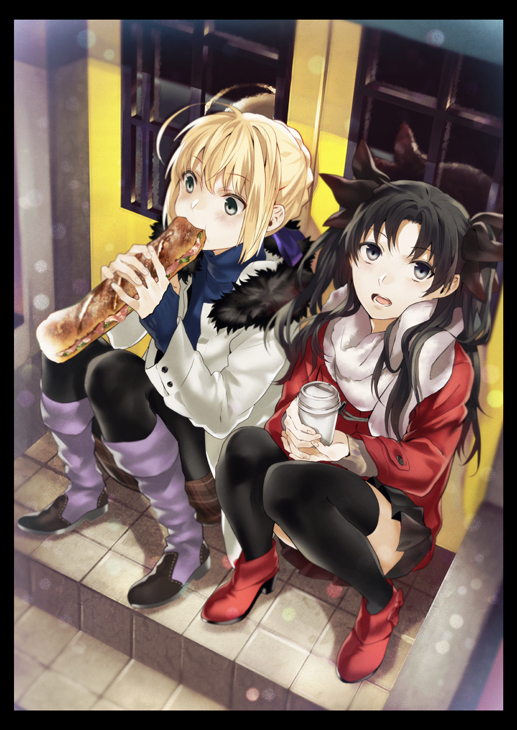 2girls, ahoge, alternate_costume, black_legwear, blonde_hair, blue_scarf, coat, coffee_cup