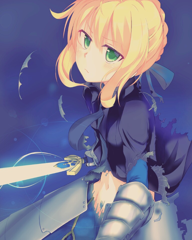 1girl, ahoge, armor, armored_dress, blonde_hair, chicking, fate/stay_night, fate/zero