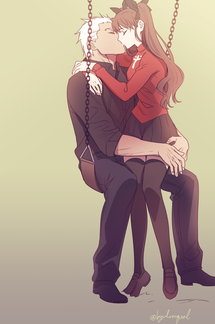 1boy, 1girl, archer, brown_hair, byulrorqual, casual, fate/stay_night, fate_(series)