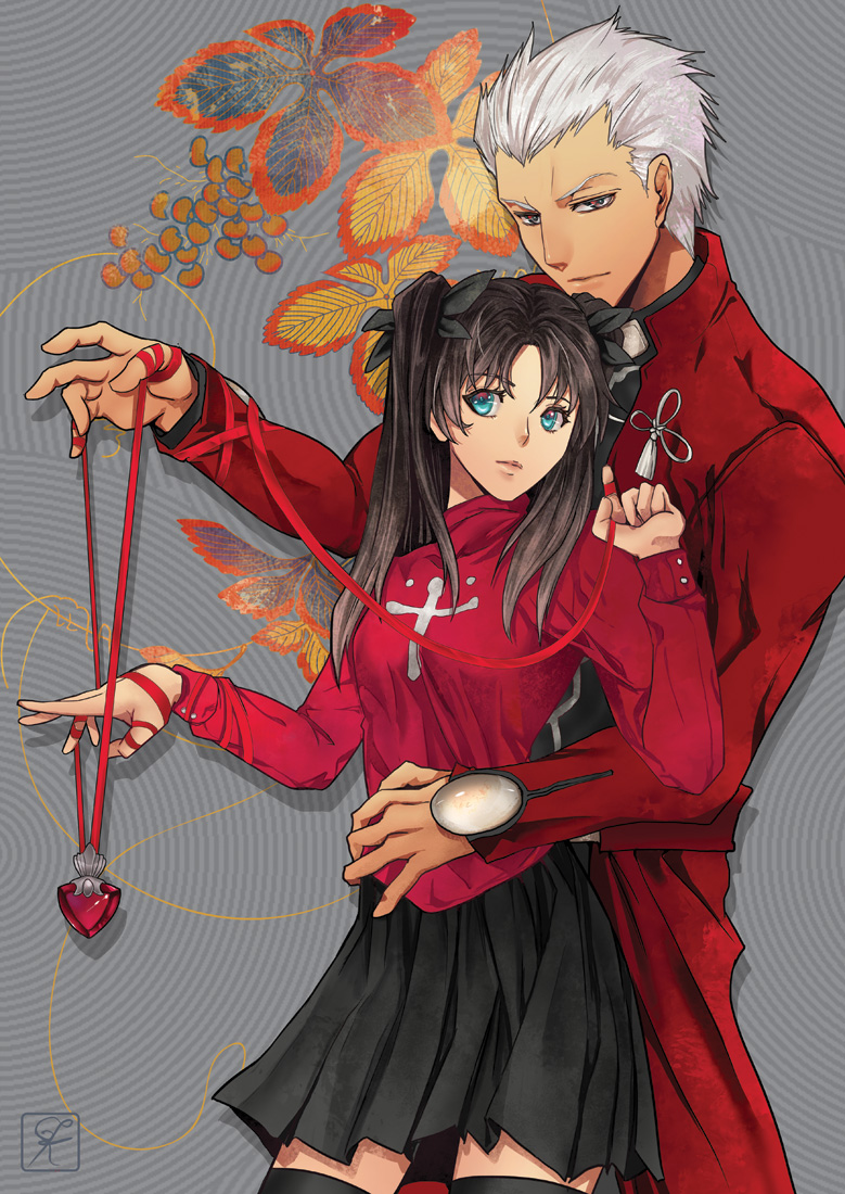 1boy, 1girl, black_hair, blue_eyes, fate/stay_night, fate_(series), grey_eyes, grey_hair, hair_ribbon, jewelry, long_hair, ribbon, thigh-highs, tohsaka_rin, toosaka_rin, two_side_up, washuu, white_hair