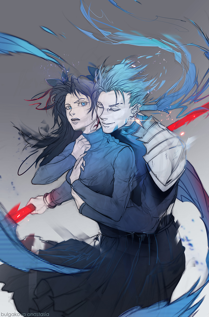 1boy, 1girl, anastasia_bulgakova, black_hair, blue_hair, fate/stay_night, fate_(series), gae_bolg