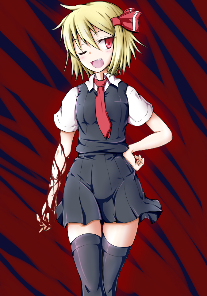 1girl, black_dress, black_legwear, blonde_hair, blood, bloody_hands, dress, fang