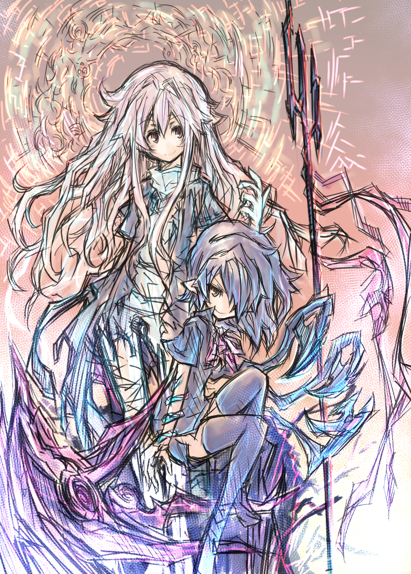 2girls, asymmetrical_wings, black_hair, black_legwear, blonde_hair, dress, gradient_hair, hijiri_byakuren, houjuu_nue, long_hair, multicolored_hair, multiple_girls, purple_hair, red_eyes, short_hair, smile, sorcerer's_sutra_scroll, thigh-highs, touhou, weapon, wings, x172xqqq, zettai_ryouiki