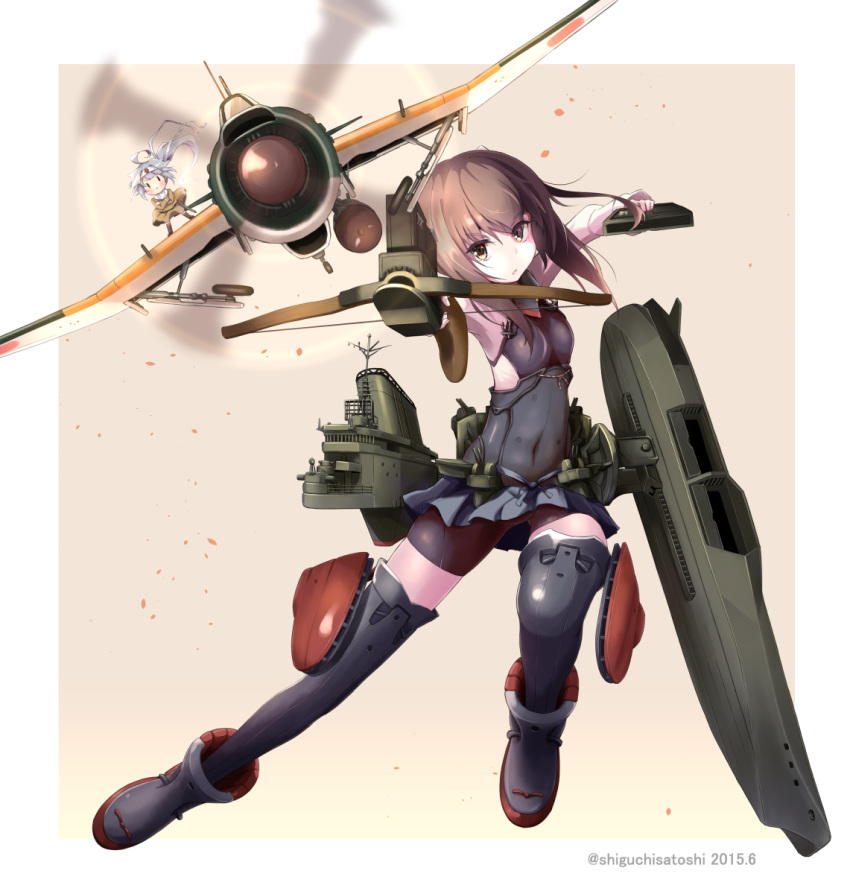 1girl, airplane, bow_(weapon), brown_eyes, brown_hair, crossbow, fairy_(kantai_collection), headband, headgear, highres, kantai_collection, machinery, panikuru_yuuto, short_hair, solo, taihou_(kantai_collection), uniform, weapon