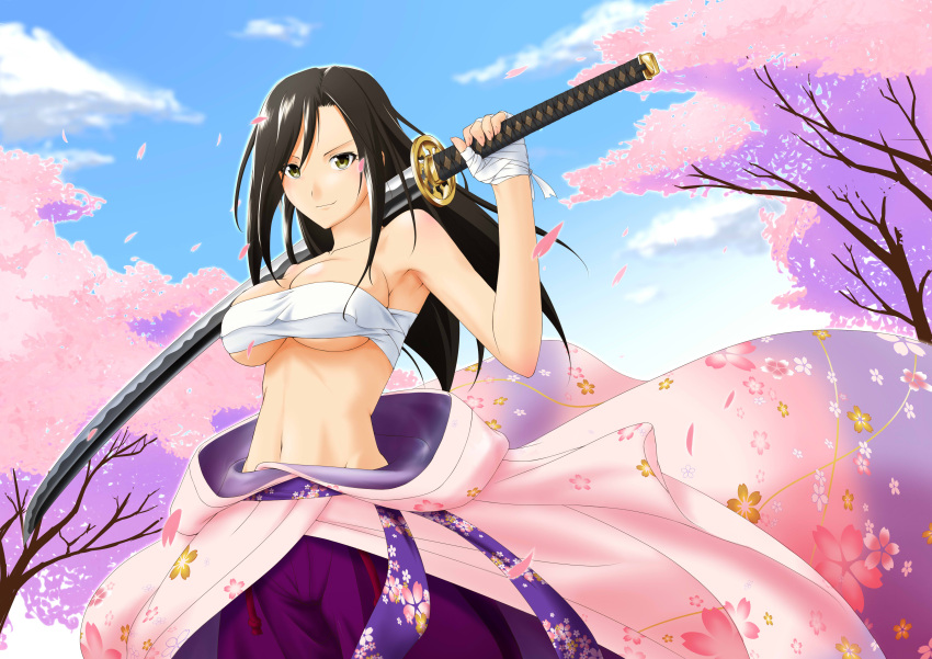 1girl, absurdres, black_eyes, black_hair, breasts, budget_sarashi, cherry_blossoms, cherry_trees, chikuwabu_(yokowokazuaki), cleavage, highres, idolmaster, idolmaster_cinderella_girls, japanese_clothes, katana, kimono, long_hair, mukai_takumi, off_shoulder, sarashi, sword, weapon