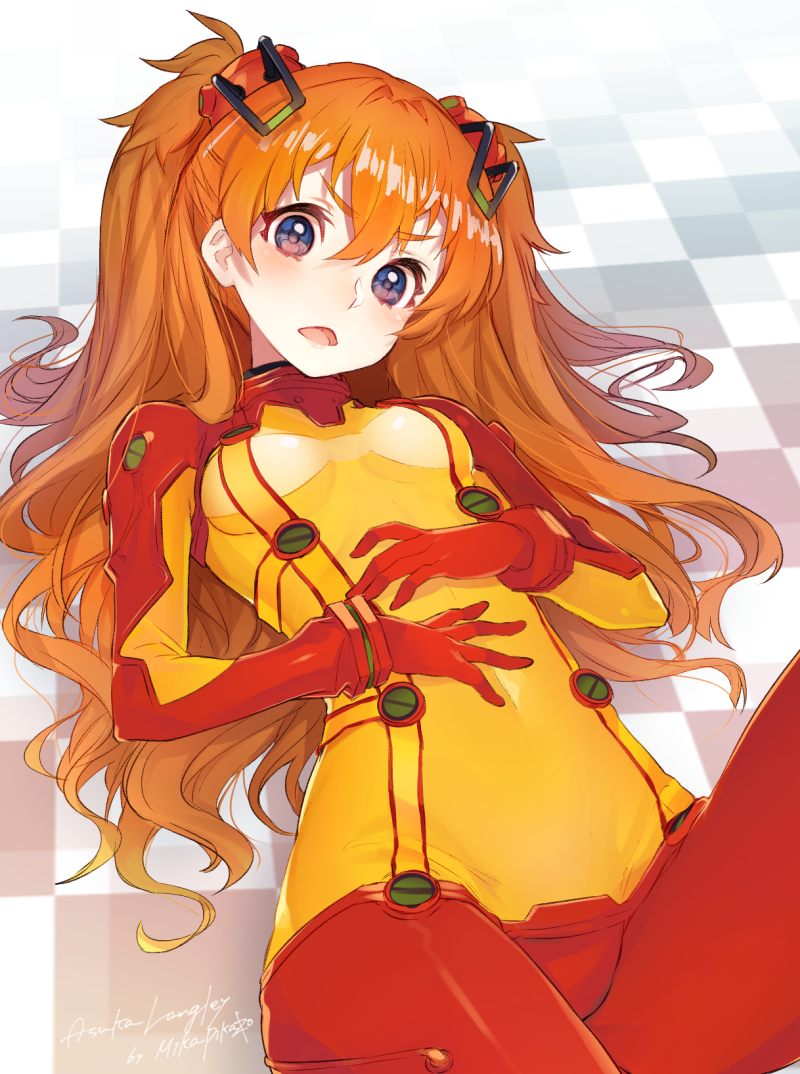 1girl, blue_eyes, blush, bodysuit, breasts, character_name, checkered, checkered_floor