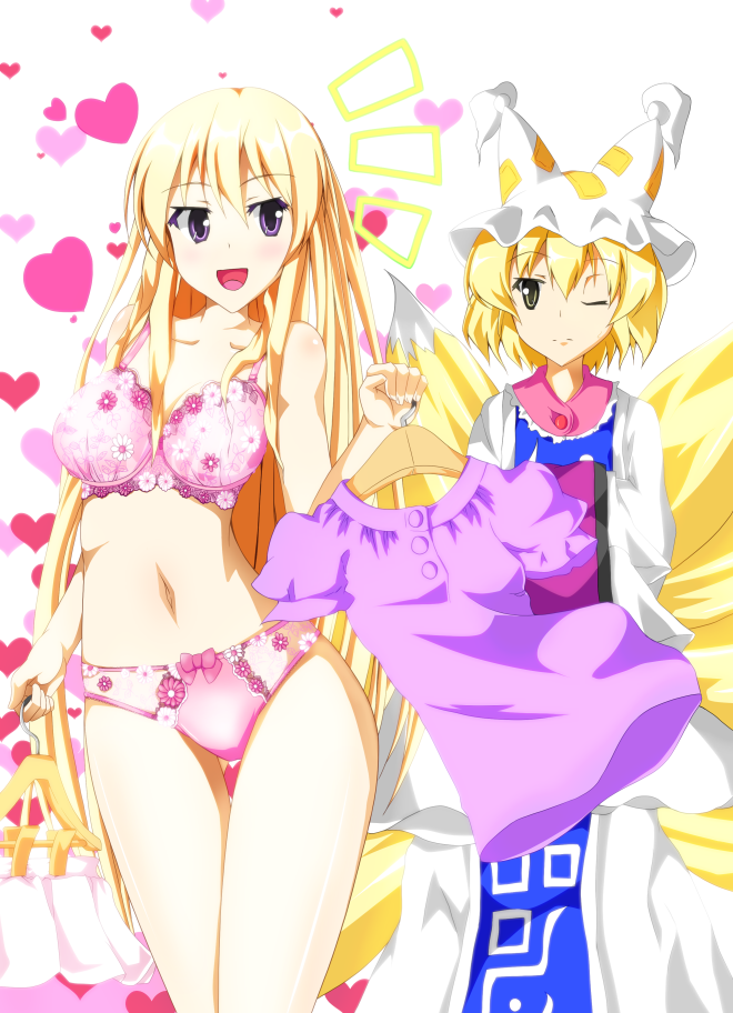2girls, bangs, blonde_hair, blush, bow, bow_panties, bra, breasts