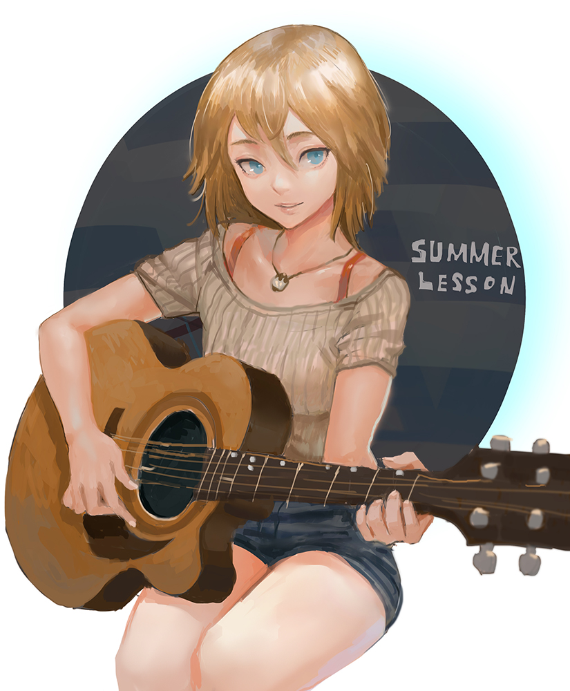 1girl, blonde_hair, blue_eyes, danann, denim, denim_shorts, guitar, instrument